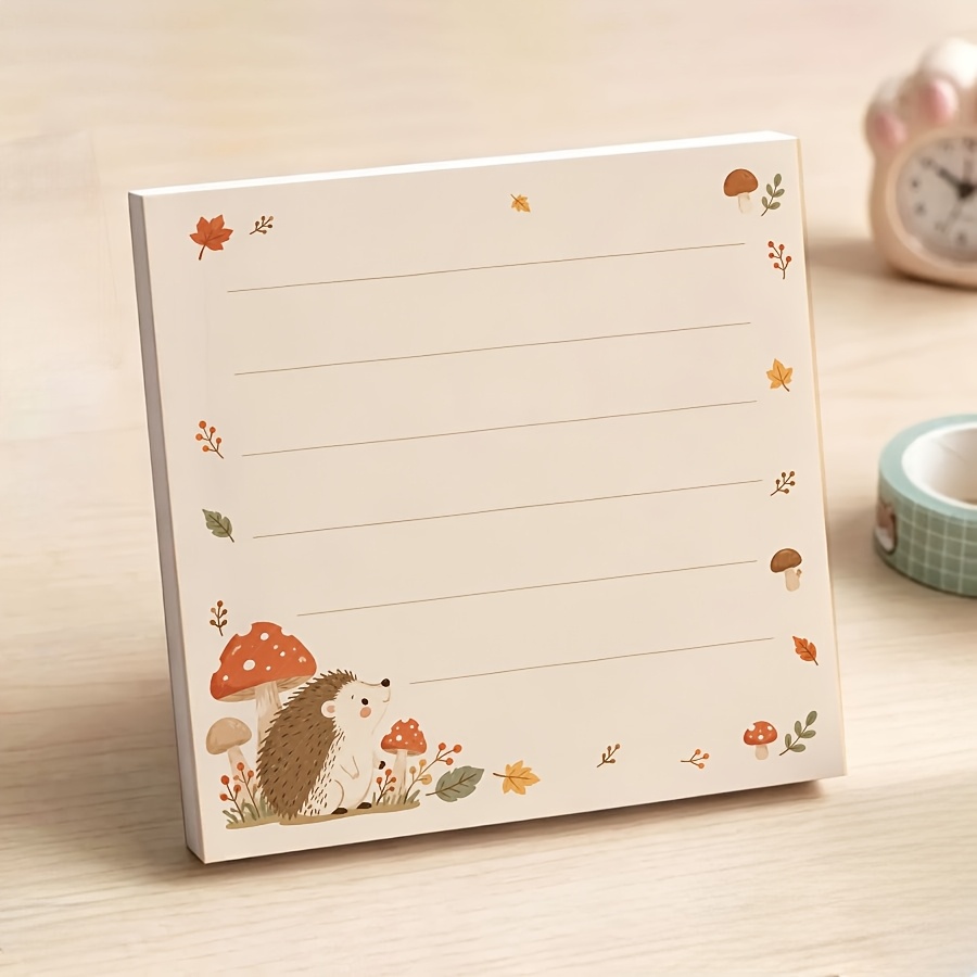 Image of Cute Autumn Hedgehog Lined Non-sticky Notepad, Kawaii Mushroom Fall Leaves Tear-off Memo Pad, Cozy For Office Desk Decor, School Supplies And Back To School Gifts