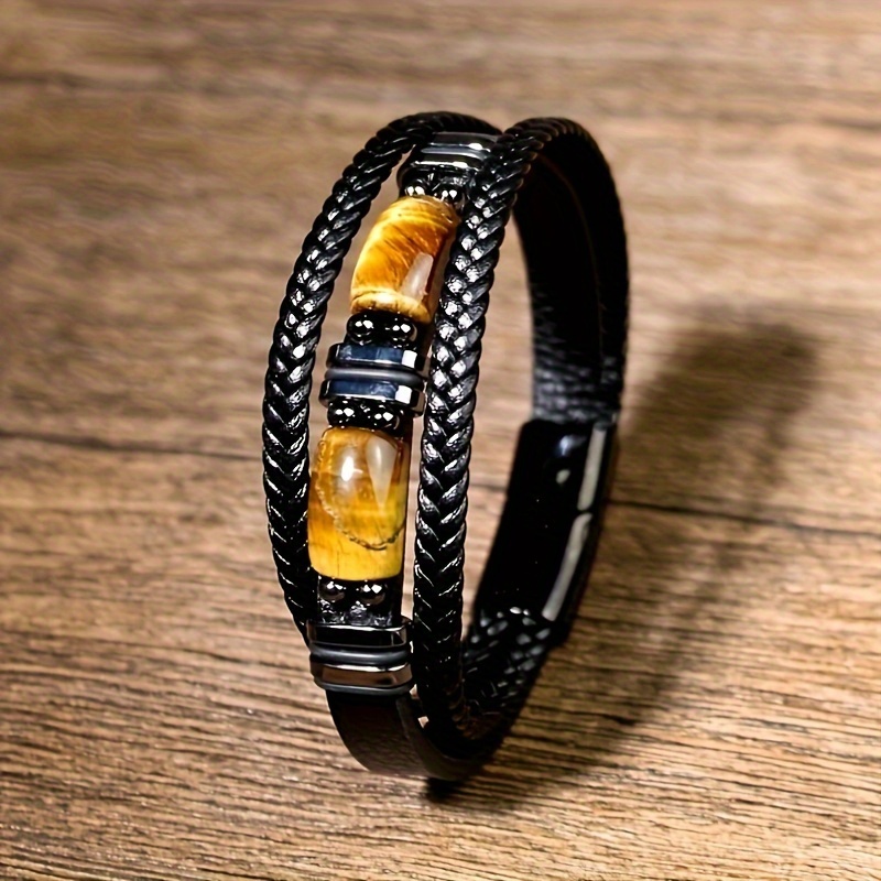 

Leather Men's Bracelet, Tiger Eye Bracelet, Double Stone Personalized Bracelet Birthday Gift