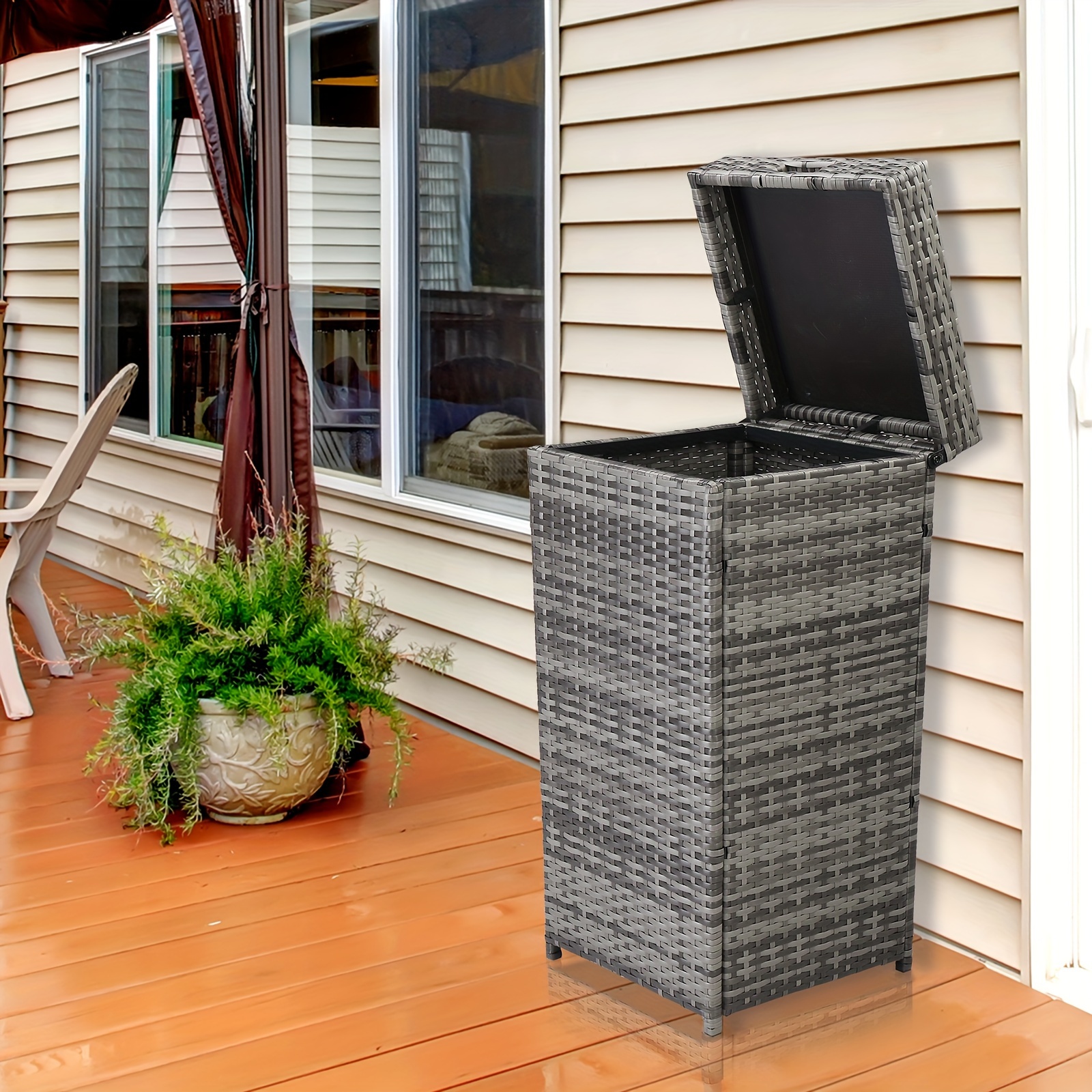 27 Gallon Rattan Trash Can, Outdoor Wicker Waste Basket, Wast Container Patio Can Detachable Lid Park Patio Backyard Lawn Brown