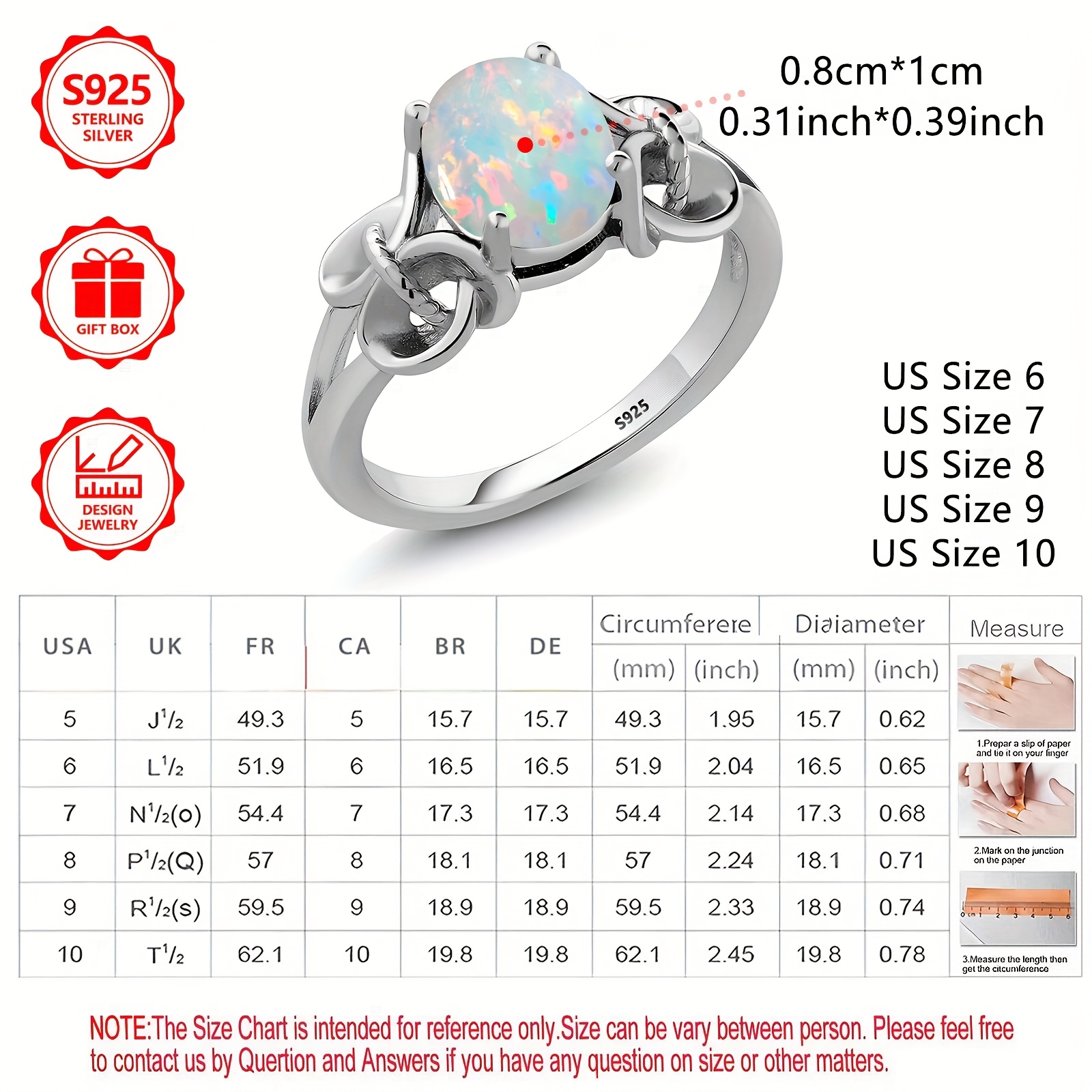 925 Silver Women's Opal Personal Ring - Ideal for Many Occasions