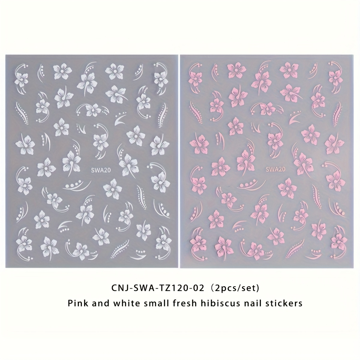 Image of 2 Sets Of Pink And White Small Fresh Hibiscus Nail Stickers Disposable Self-adhesive Back Adhesive Nail Stickers For Women Diy Art Decoration Accessories