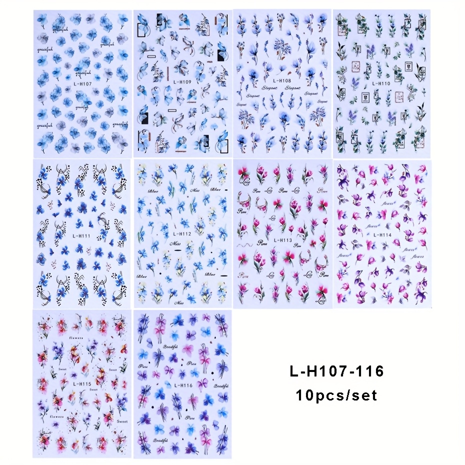 Image of 10pcs/set 3d Geometry Flower Leaf Nail Stickers Summer Ink Decal Slider For Nail Art Supplies Manicure Decoration