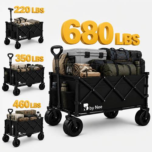 item picture heavy duty collapsible wagon cart 220lbs 350lbs 460lbs 680lbs options large capacity folding utility wagon with all terrain wheels adjustable handle portable outdoor cart for camping beach shopping gardening sports grocery