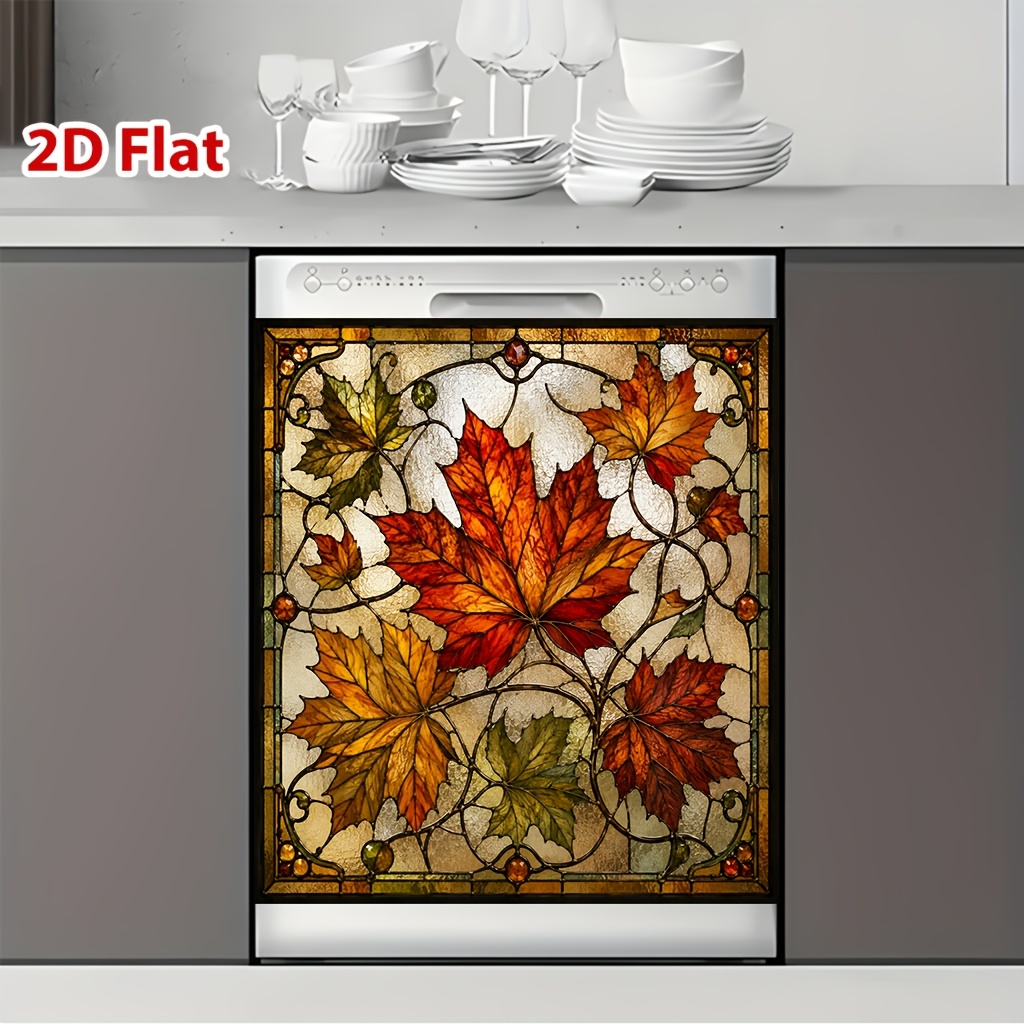TEMU 2d Flat Dishwasher Door Cover Sticker, 1pc, Autumn Maple Leaf Stained Glass Pattern, Scratch-resistant And Easy To Clean, 23x25., Suitable For