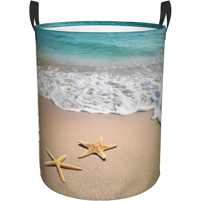 TEMU 1pc Beach Starfish Printed Laundry Basket And Storage Basket, With Handle Circular Storage Basket, Suitable For Spacious Clothing Storage In