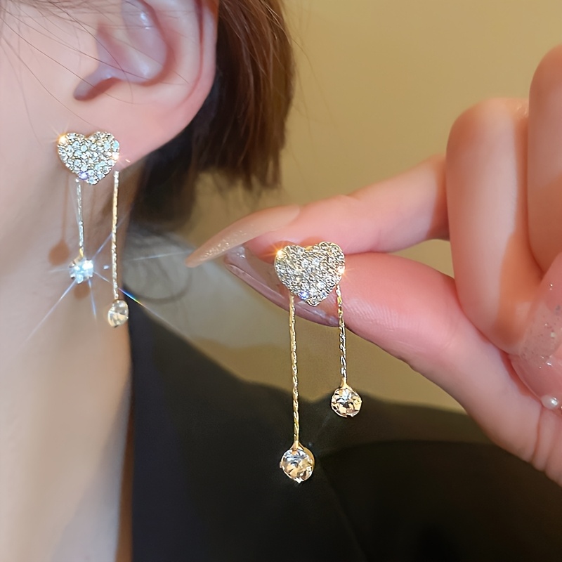 

Pair Of Light Luxury Inlaid With Love Tassel Earrings, Daily Party Wedding Accessories, Ideal Holiday Gift