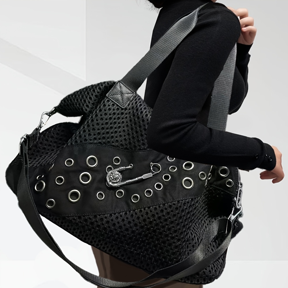 Image of Women's Fashion Large Safety Pin Studded Decor Shoulder Bag, Street Style Bag, Large Capacity Y2k Handbag, Suitable For Daily Use And Short Trips