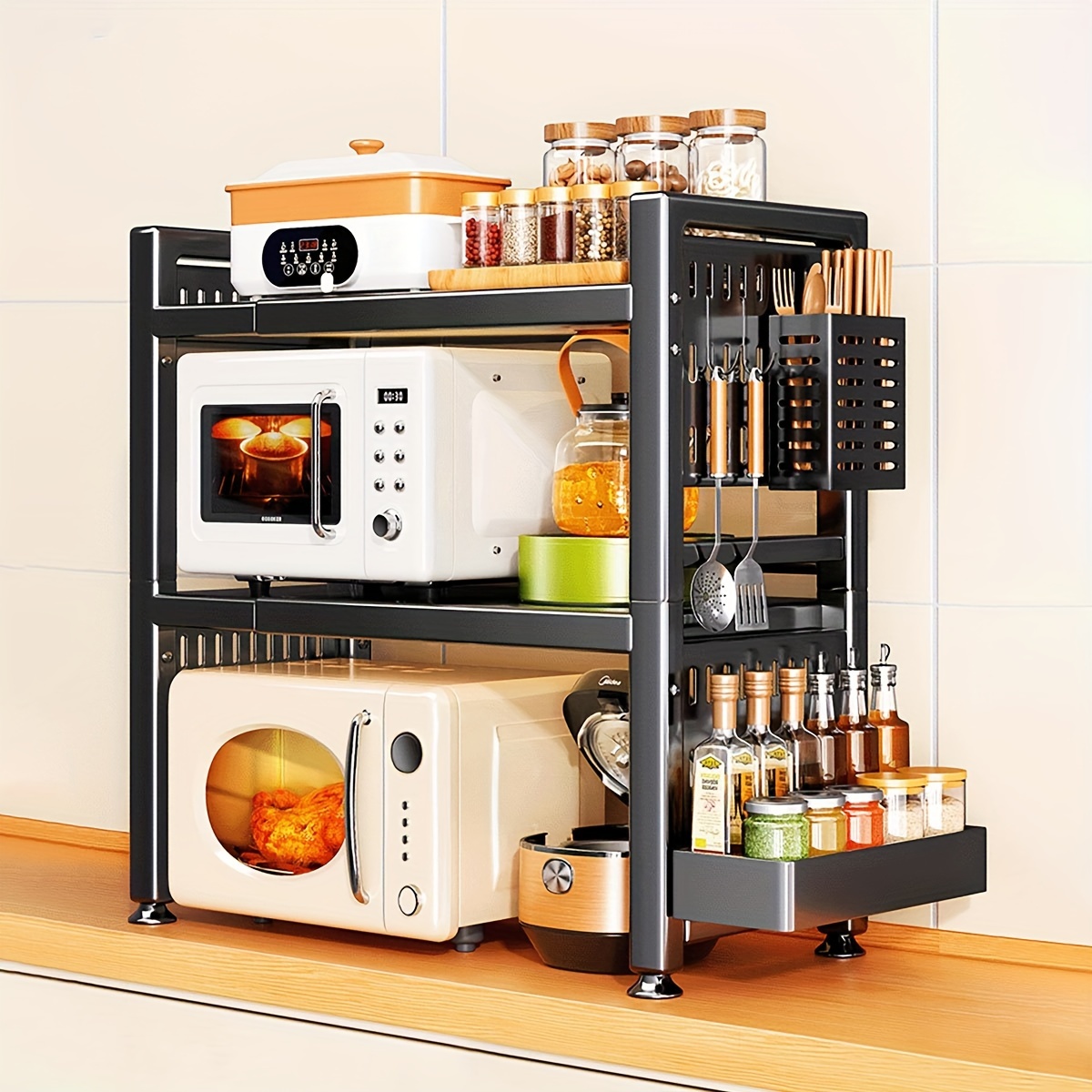 TEMU Joybos® Expandable Microwave Shelf, 3 Tier Microwave Stand With Hooks, Microwave Shelf Stand, Microwave Oven Rack, Bakers Rack, Kitchen