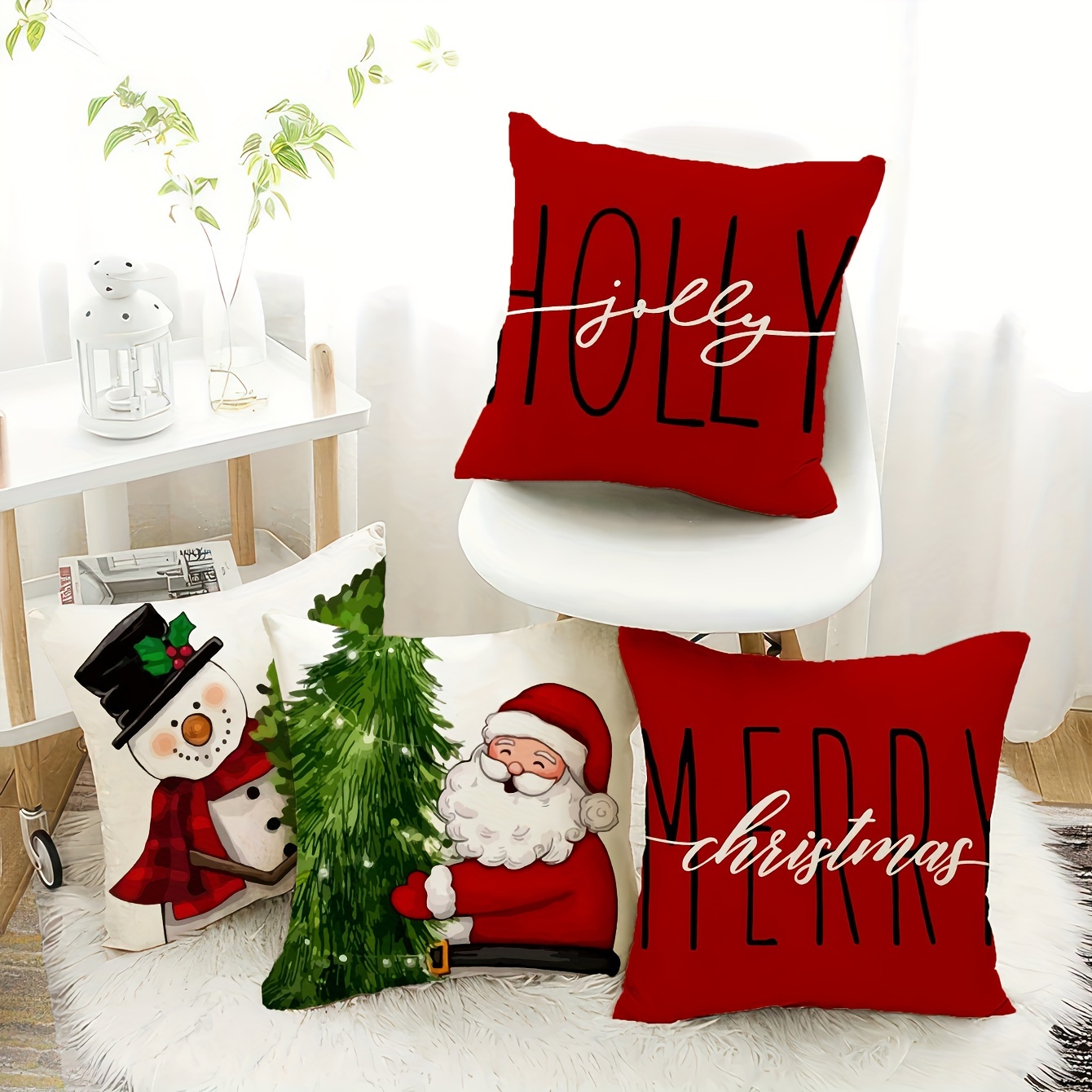 

Jolly Christmas Pillowcases: 4 Pieces, Super Soft, Santa & Snowman Designs, Blue Christmas Style, Single-sided Printing, Suitable For Sofa, Living Room, Bedroom Home Decoration, No Pillow Core