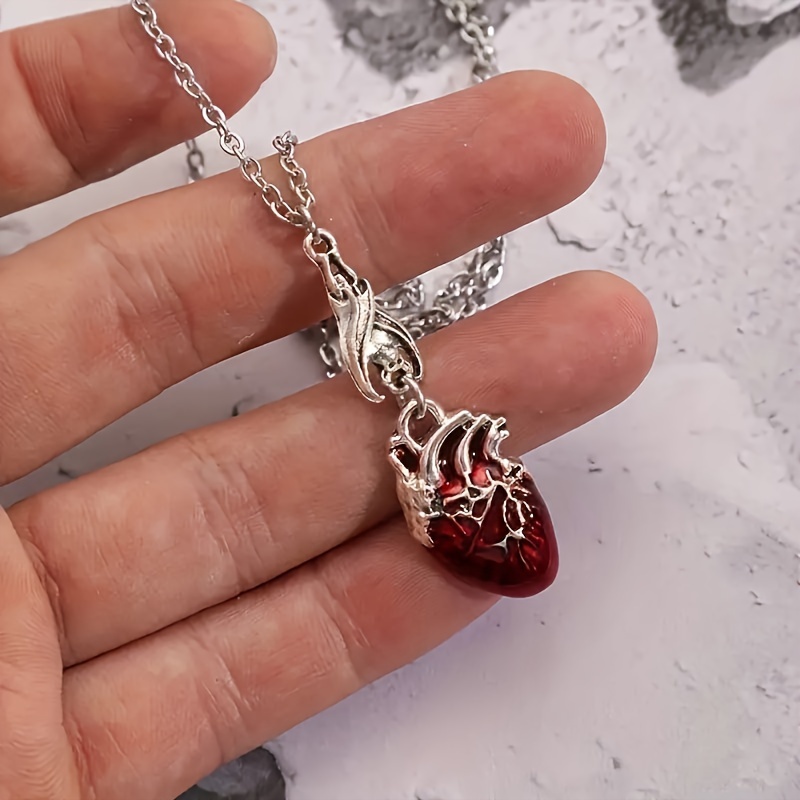 Unique Gothic Bat &amp; Red Heart Pendant Necklace - Perfect Halloween Accessory for Men, Retro Punk Style