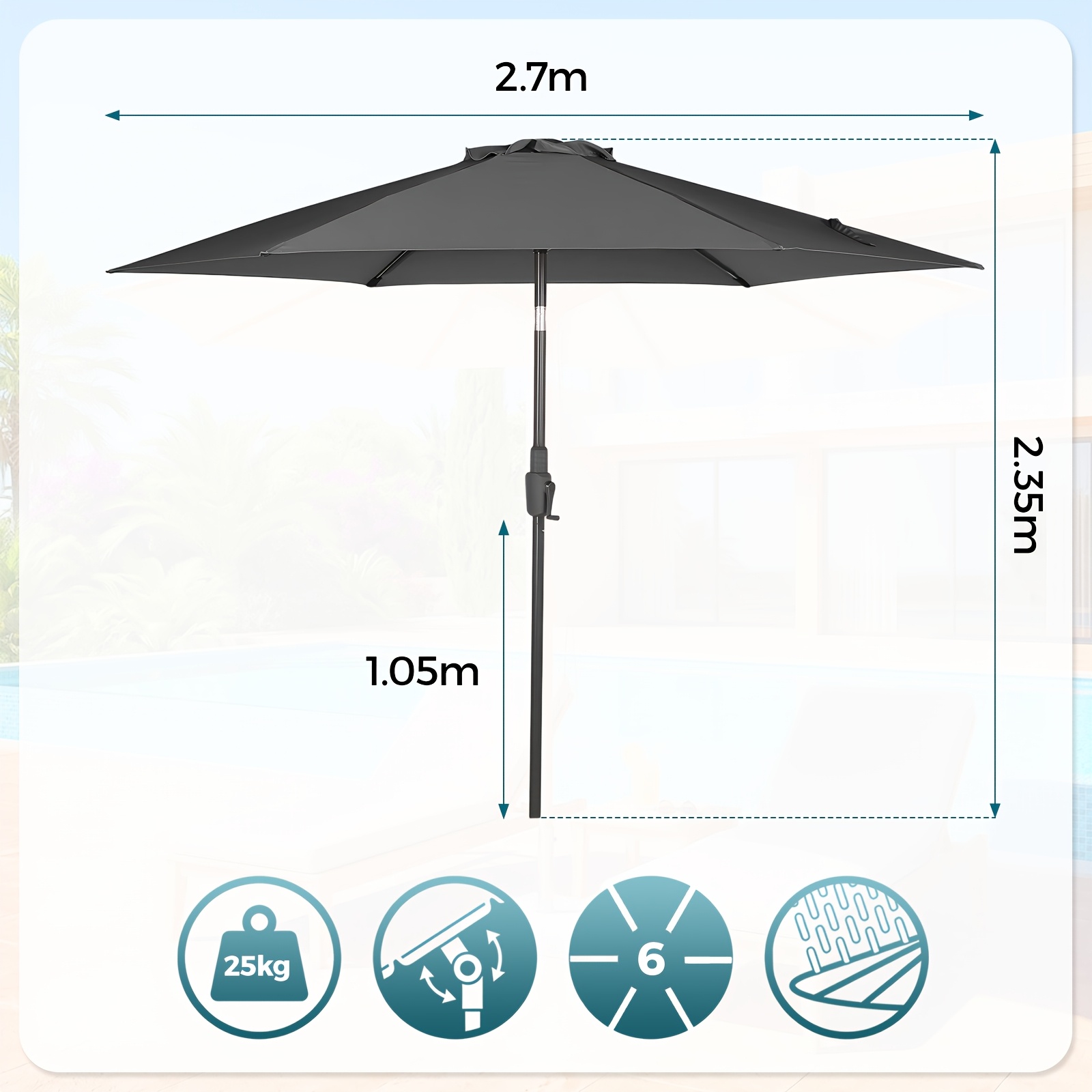 220 270 350cm Parasol With Crank And Auto Tilt, Market Umbrella For Patio, Balcony And Garden, Windproof, Stable, Upf 50+
