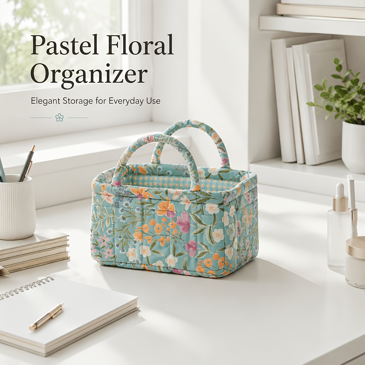 TEMU Vintage Floral Quilted Storage Basket With Sturdy Handles - Soft Portable Fabric Organizer Suitable For Makeup, Toiletries, Travel,, Vanity &
