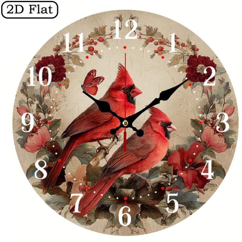 TEMU 1pc 10-inch Round Red Bird Wall Decor - Grain With , Silent Non-ticking Clock Suitable For Kitchen, Bedroom, Office - & Christmas/new Year Gifts