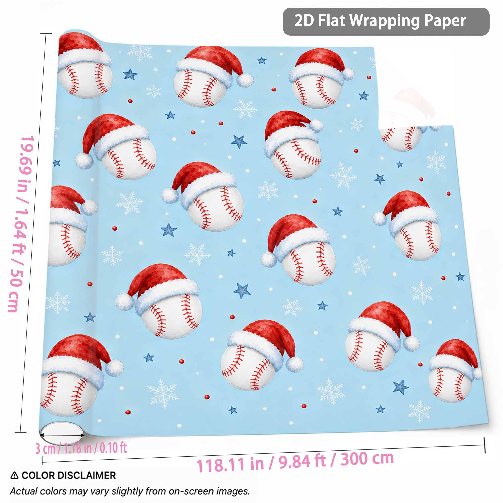 TEMU 1 Rouleau de Noël Motif Baseball et Chapeau de Père Noël 1.64Ft X 9.84Ft Bleu de Neige Étoile Emballage Cadeau pour Noël Nouvel An Fête d'Hiver