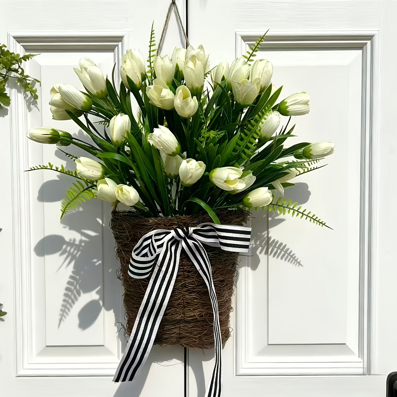 Image of 1pc, Cottage Milky Hanging Basket - Rustic Style With Black Striped Bow, Artificial Flower Arrangement For Front Door, Wedding Decor, And Outdoor Windowsill