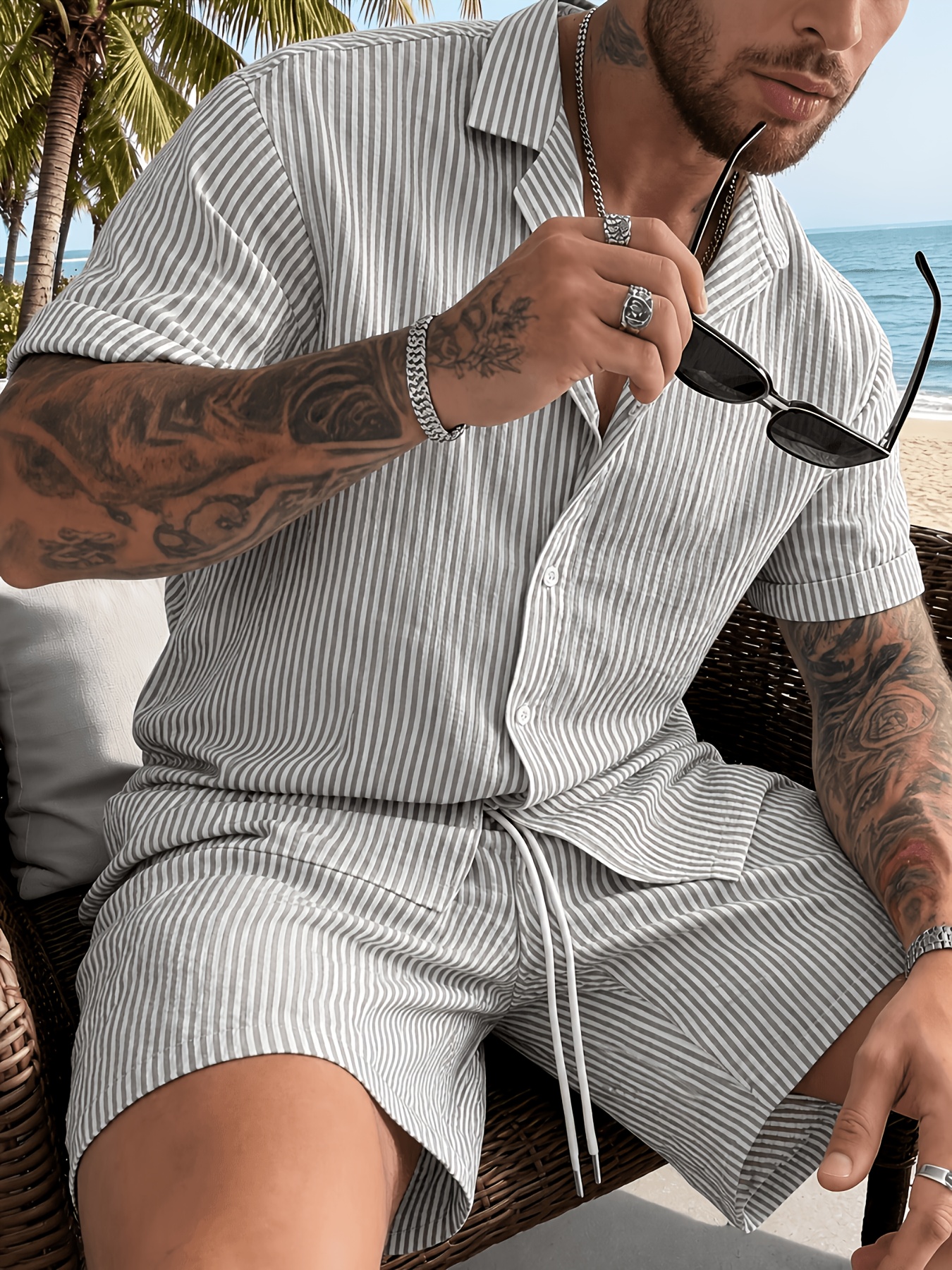 Ensemble Pyjama Homme Rayé Respirant Ensemble de pyjama décontracté pour homme à rayures bulles, respirant, avec boutons contrastés, cordon de serrage, col montant, idéal pour la maison et l