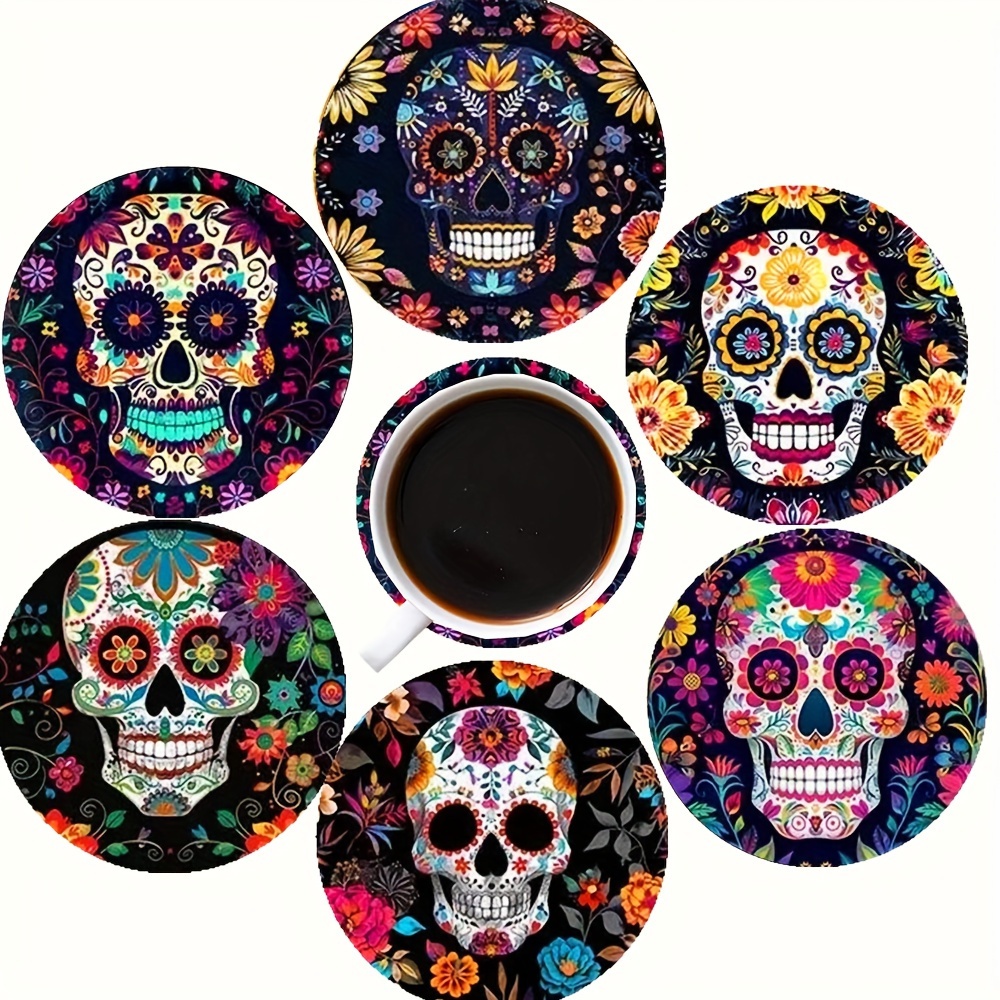 

6pcs Day Of The Dead Sugar Coasters Set, Wooden Heat-resistant Mats For Home, Coffee Shop, Tea Cup Pads, Decorative Tabletop Protection For Mugs And Beverages