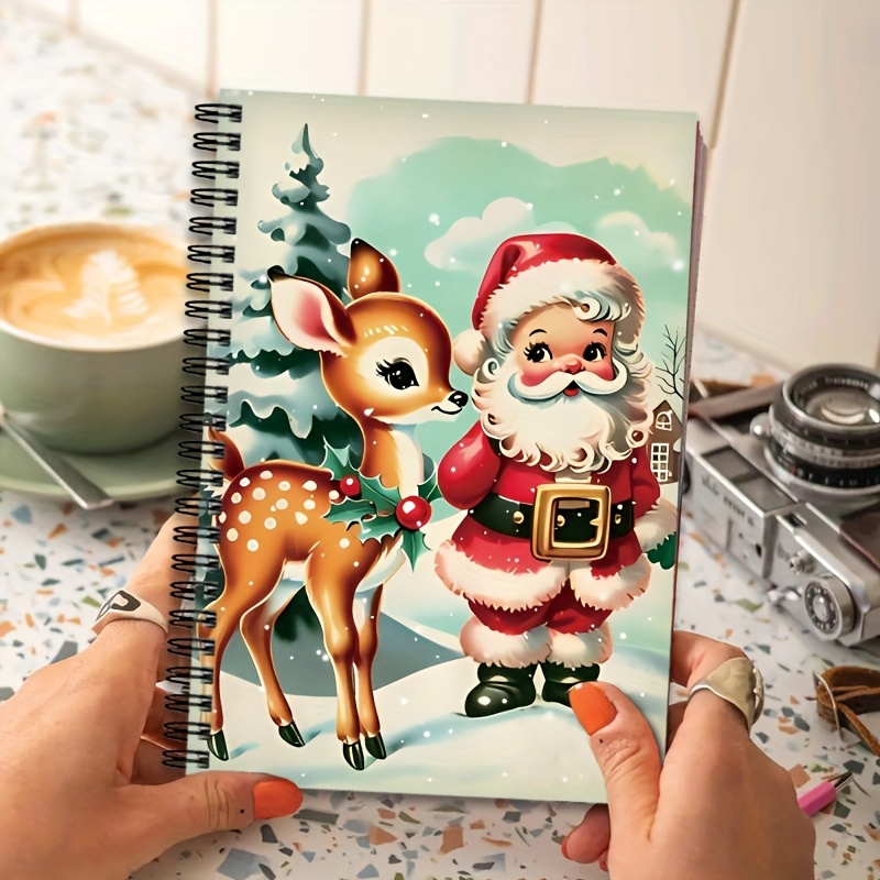 TEMU 1pc Cahier Spirale Vintage Style Années 1950-60 - Design Rétro Noël et Père Noël avec Pages à Onglets - Journal à Spirale Vierge, Idéal pour