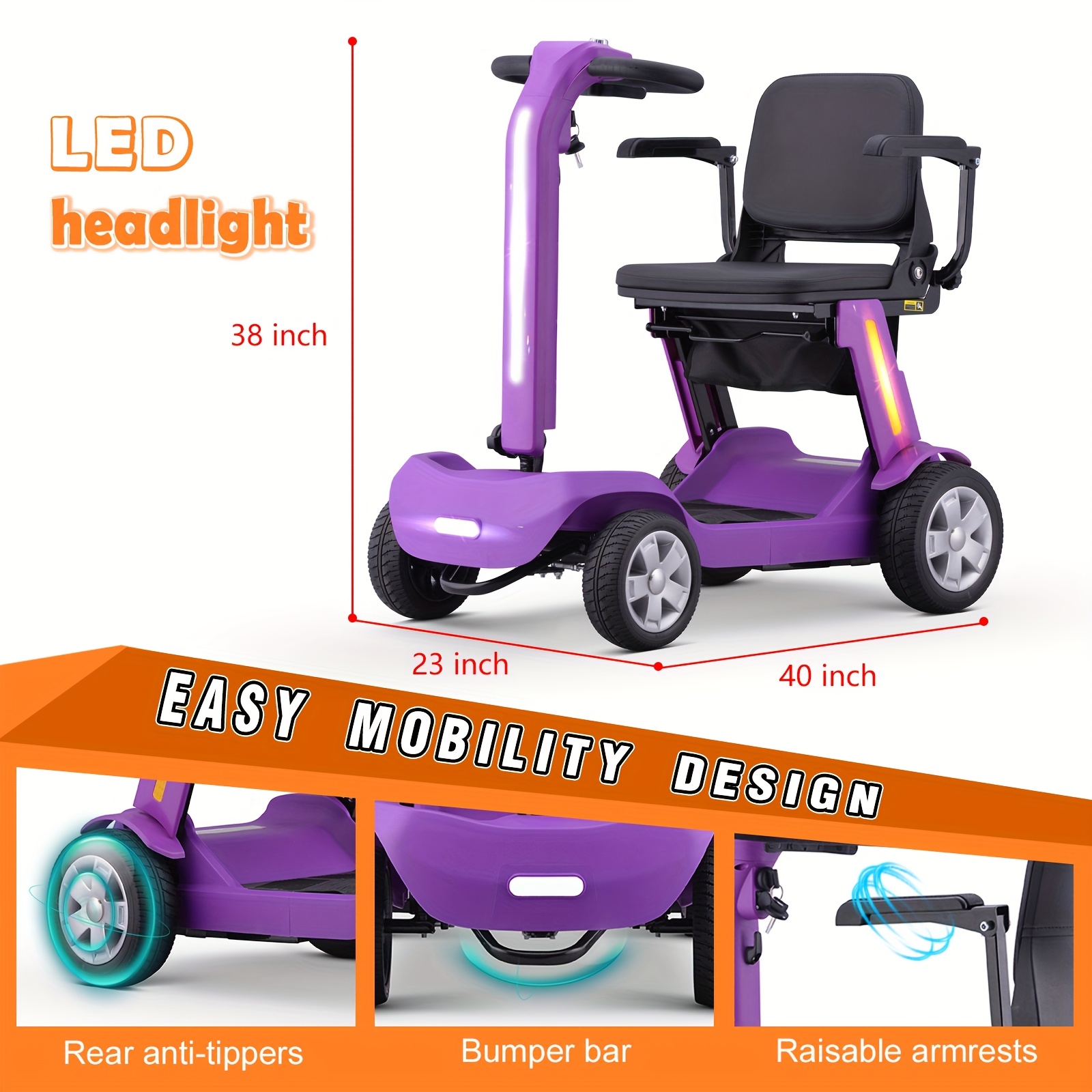 mothers day 4 wheel electric scooter for adults seniors 300w 24v12ah battery 4mph   10mile range lightweight foldable scooter electric with led lights storage bag charger no assembly free insulated cup gift random colors Product details 9