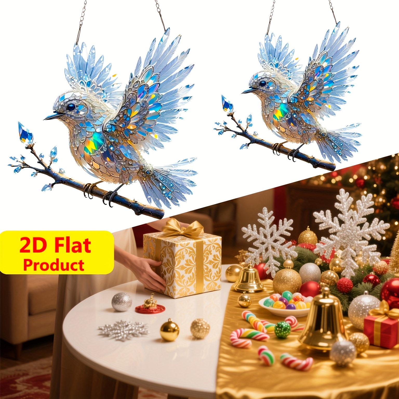 TEMU Impression plate 2D, Ensemble de 2 attrape-soleil style vitrail bleu - , décoration plate 2D en acrylique pour fenêtre et jardin, idéal pour