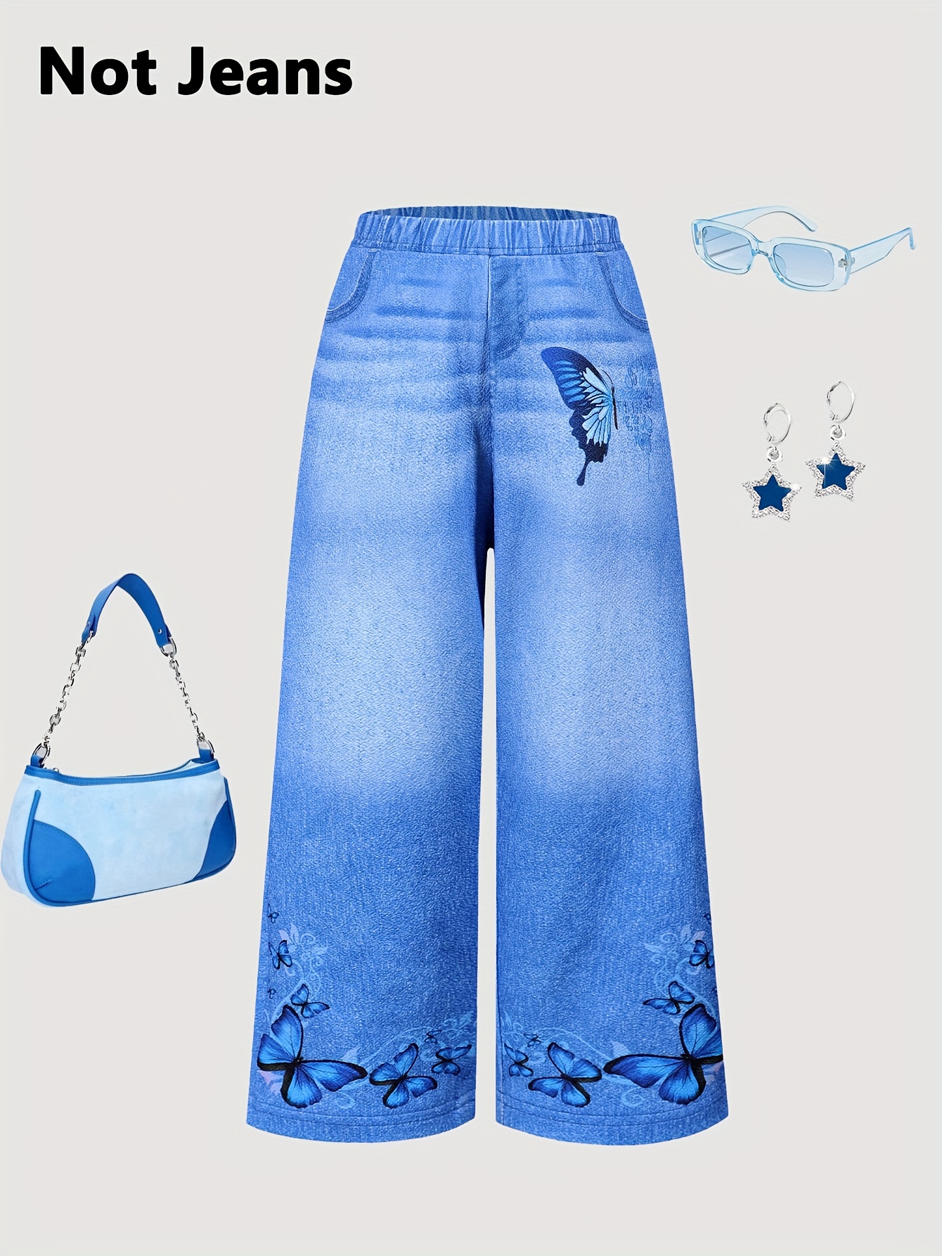 1pc Girls' Imitation Denim Wide-Leg Pants with Dynamic Butterfly Pattern Digital Placement Print, Faux Pockets, Comfortable and Soft Fabric, Novel and Unique Style Design, the First Choice for Girls' Outdoor Outfits, Perfect for Outdoor