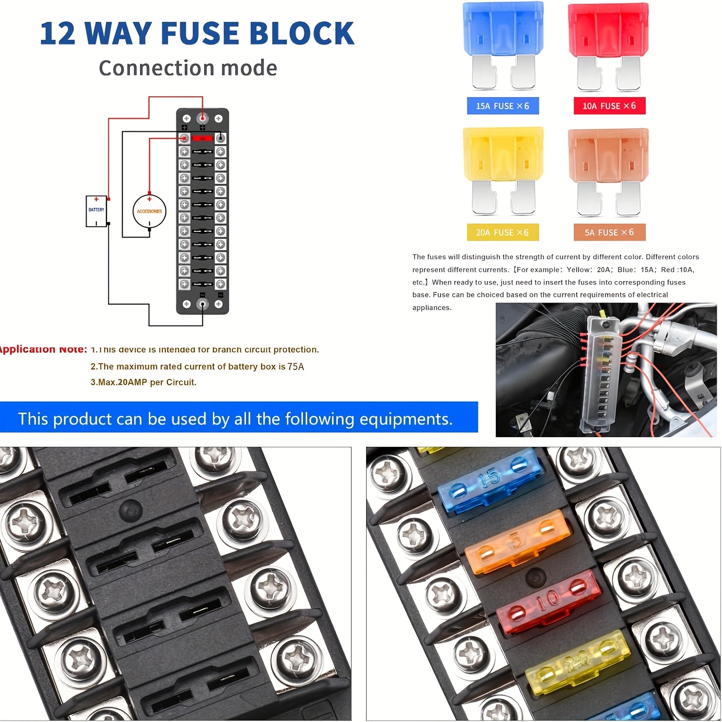 12-Way Fuse Block with Cover for Automotive Electrical Systems