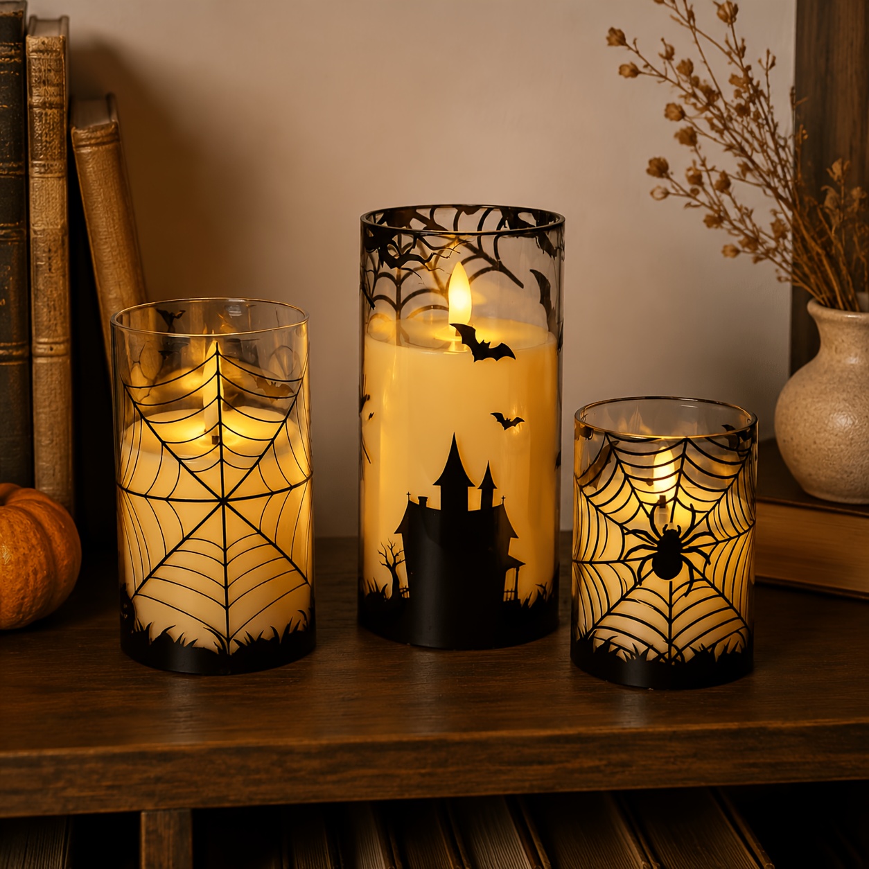 TEMU 3pcs Halloween Flameless Led Candle Set In 3 Sizes, Warm Light Halloween Decorations With Clear Printed Design, Halloween Home Decor And Room