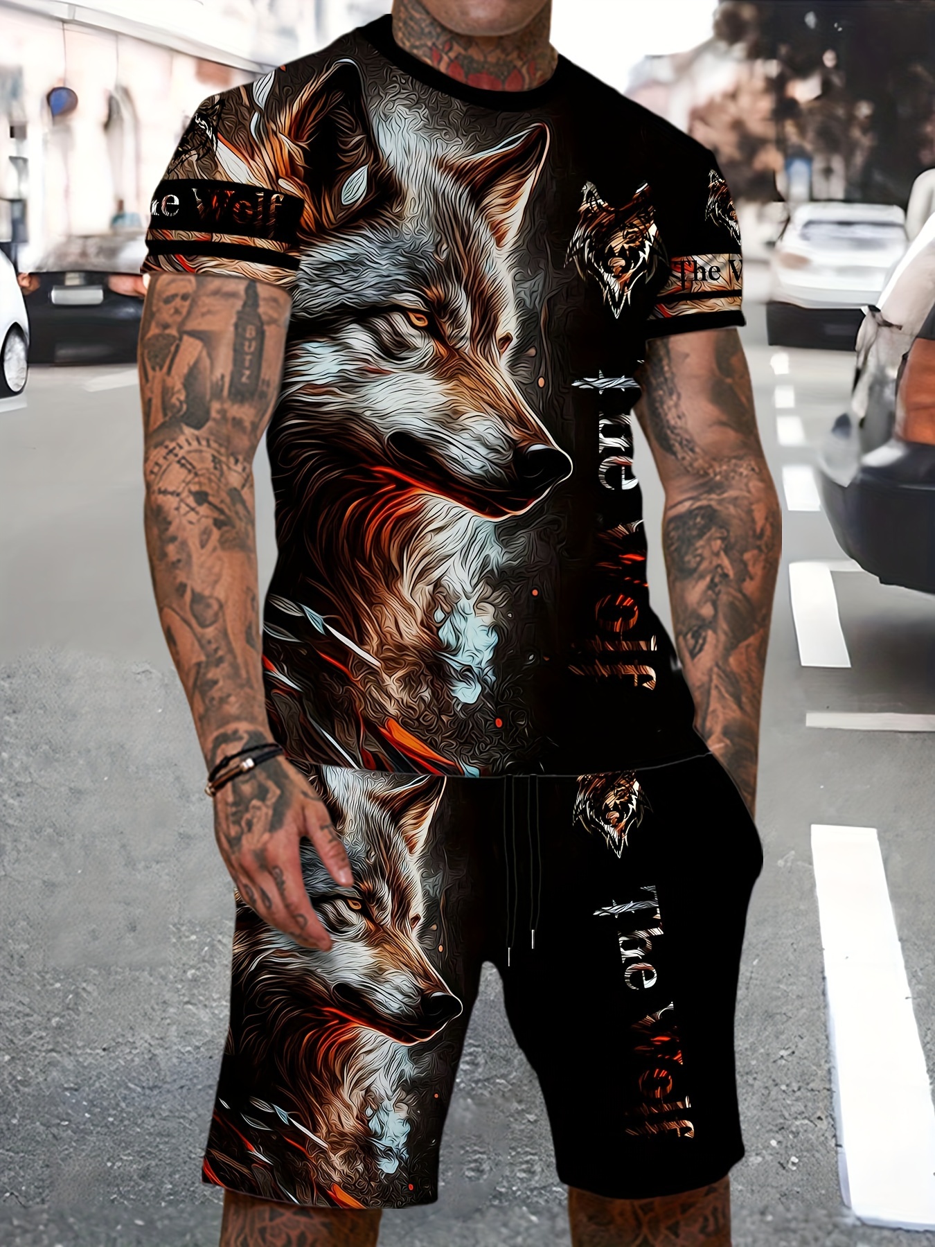 mens summer sportswear wolf 3d cool print short sleeve outfit stylish two piece set including t shirt and shorts