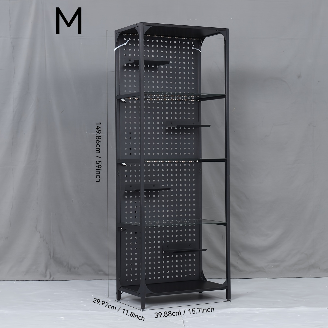 65" Freestanding Industrial Display Cabinet With Tempered Glass Shelves, Iron Pegboard Back Panel, Space- Storage Rack For Living Room, Gaming Room, Bedroom, Home Office, Shop Display, Standing Shelf