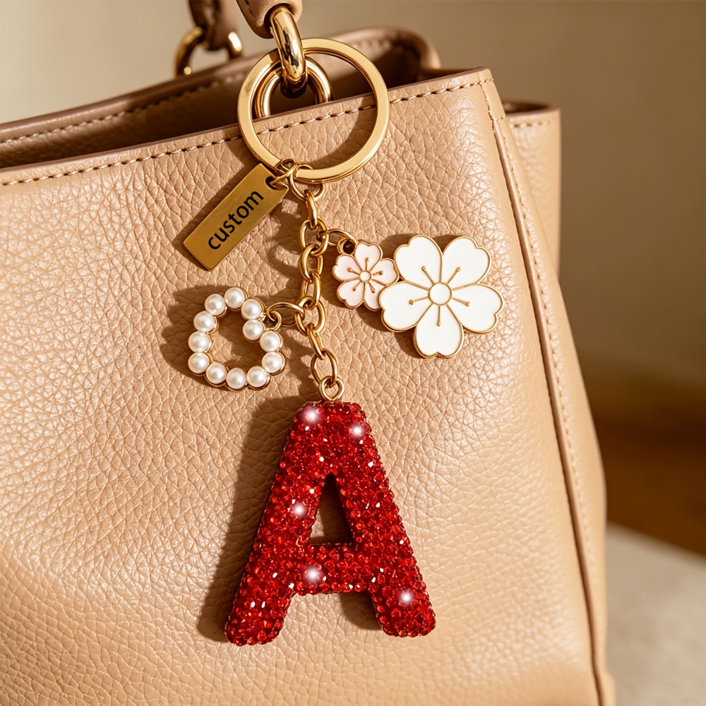 TEMU 1pc, Simple Floral 26 Full Rhinestone Initial Pendant Keychain, Women's Fashion Bag Accessory, Daily Outing Accessory, Key Organizer