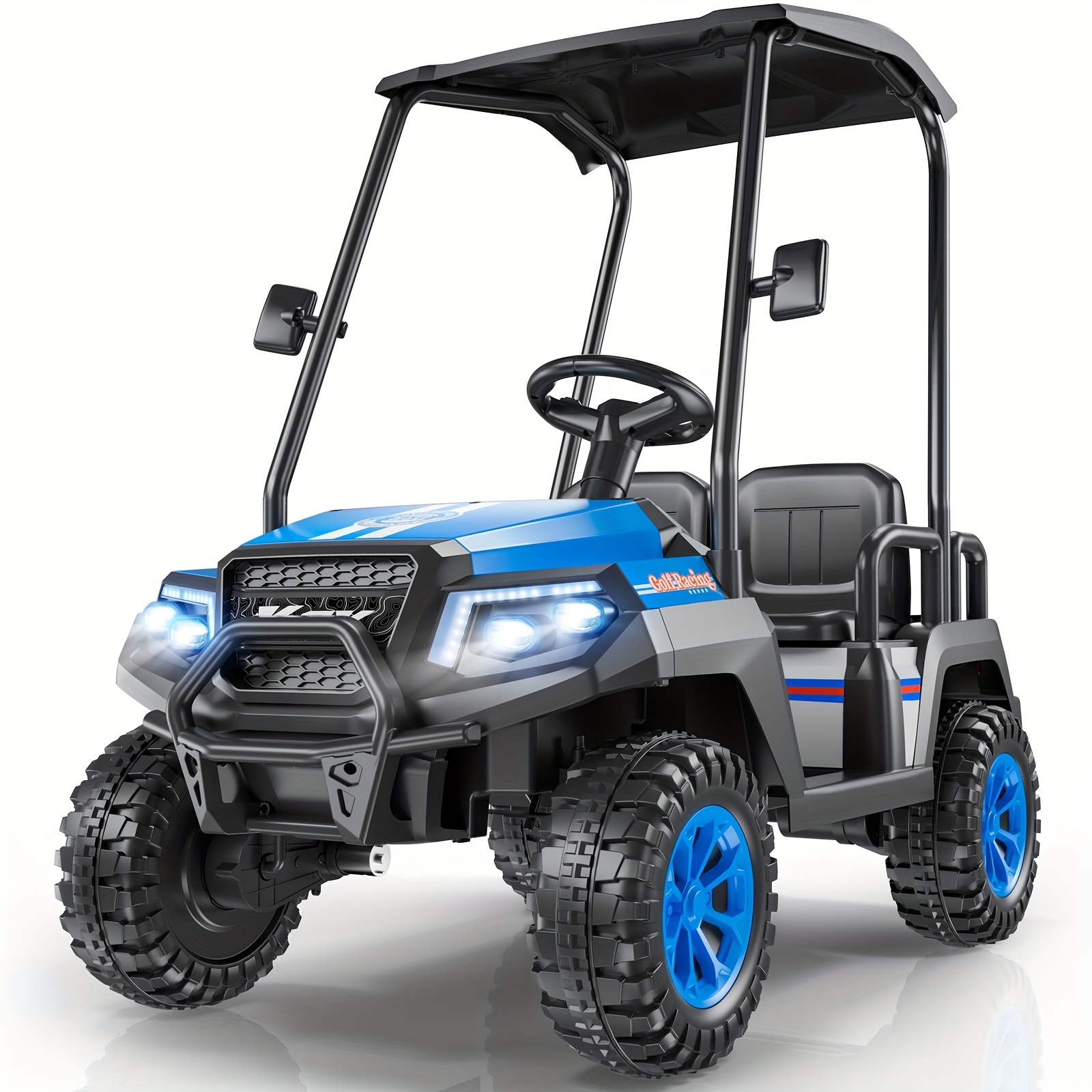 24V Electric Kids Golf Cart with Remote Control, 4-Seater Ride-On Car with Parent Remote, 4WD All-Terrain Vehicle, Spring Suspension, Wireless, LED Lights, USB/Headphone Jack, Detachable Canopy - Birthday/Christmas Gift for Boys & Girls Ages 3-8 (Max Weight 110 lbs) - Indoor/Outdoor Use, Outdoor Play Vehicle, Sporty Design, Reliable Performance, Birthday Present