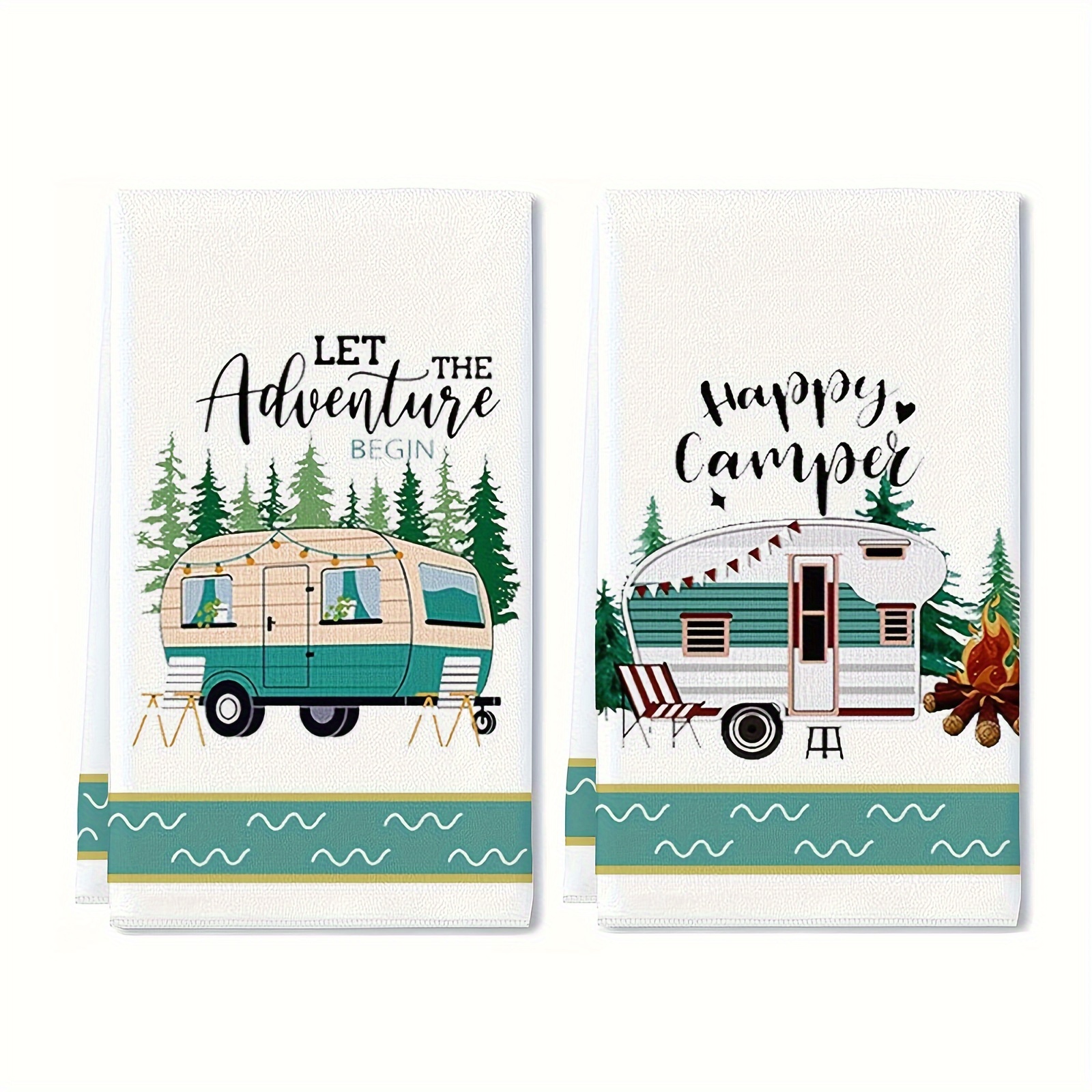 

2pcs, Hand Towels, Camping Picnic Kitchen Towels Set, Super Absorbent Dish Cloth With Rv And Campfire Patterns, Contemporary Style, Polyester Fabric, Decorative Towels For Drying Dishes