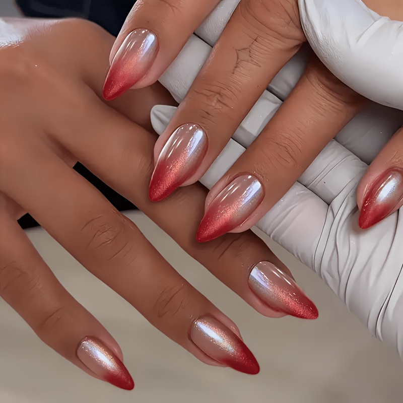 TEMU 25pcs Pack (including 24pcs Wearable Nail Tips And 1pc Nail File), Red Ombre Cat Almond Shape Press-on Nails, Light Luxury High-end Style, Beach