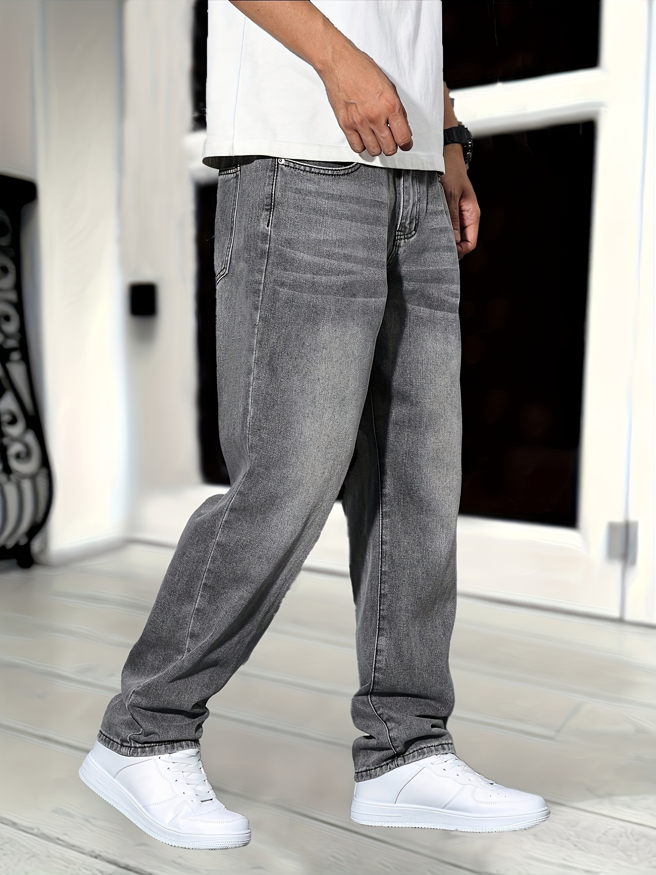 mens fashionable straight leg denim jeans light gray non Temu