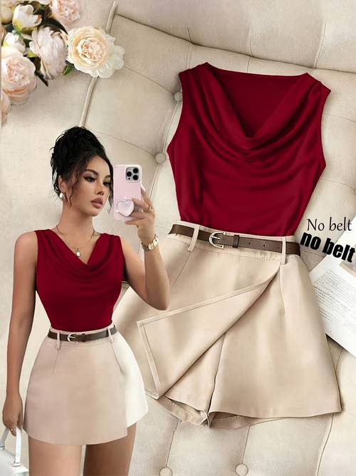 imagen del artículo zd260407049 conjunto de 2 piezas de /verano para mujer un chaleco sin de entallado color con cuello con volantes y una falda de pierna ancha color . conjunto es para casual, ocasiones de negocios, citas y