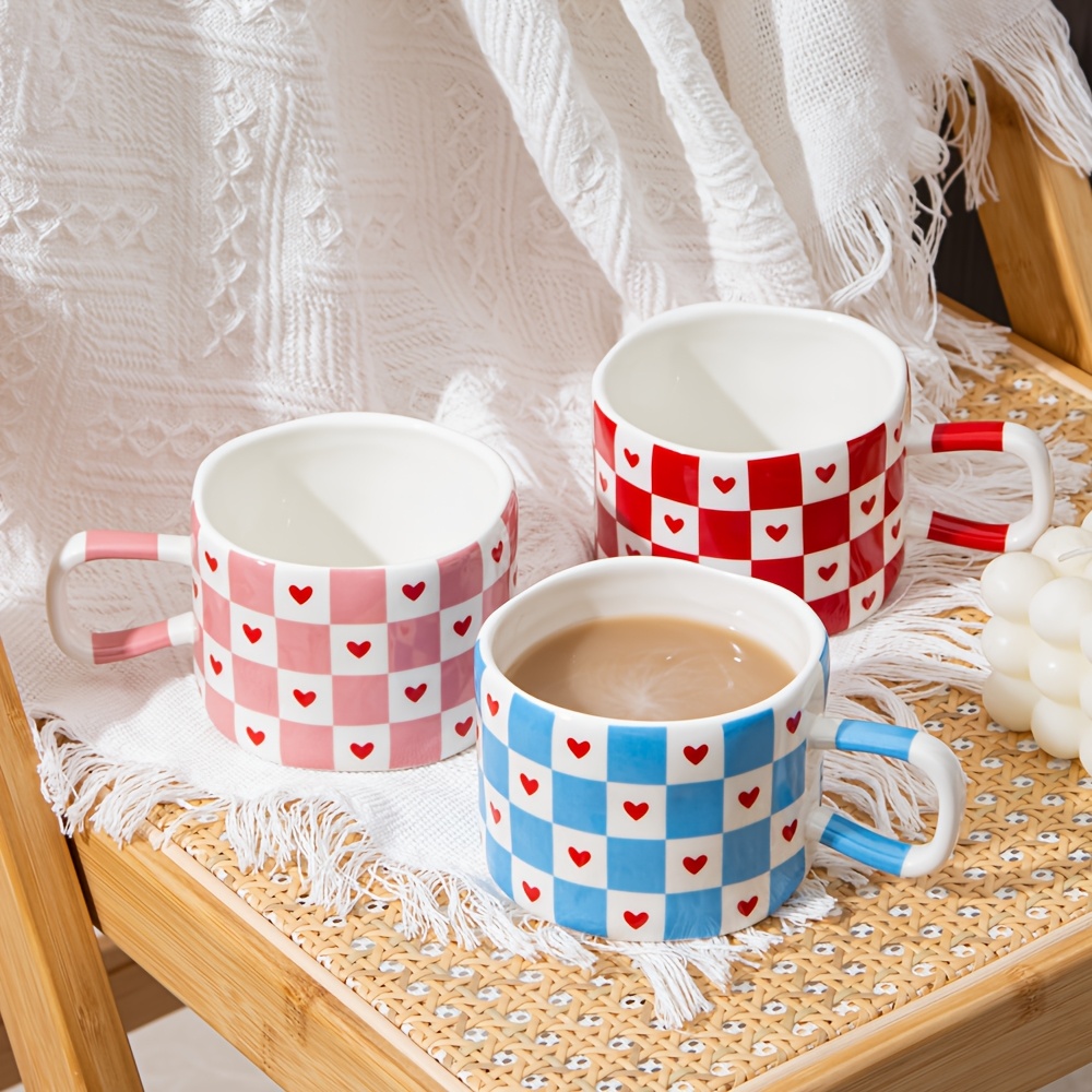 A 1pc 9.5-Ounce Irregular Checkered * Mug * in Cute Blue, Pink, And Red  Ceramic, Suitable for Holding Milk, Juice, Or Coffee, Making It an Ideal  Gift for * * Friends, Sisters on Valentine'S Day, ...