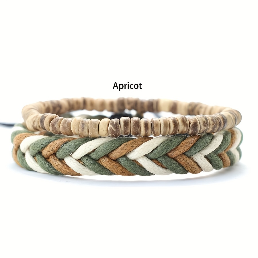 E-shop 2er-Set Vintage Ethnische Stil Naturholzperlen Stapelweise Gewebte Handseil Armreif Armband Set Herren Böhmischer Stück Perlen Armreif Armband