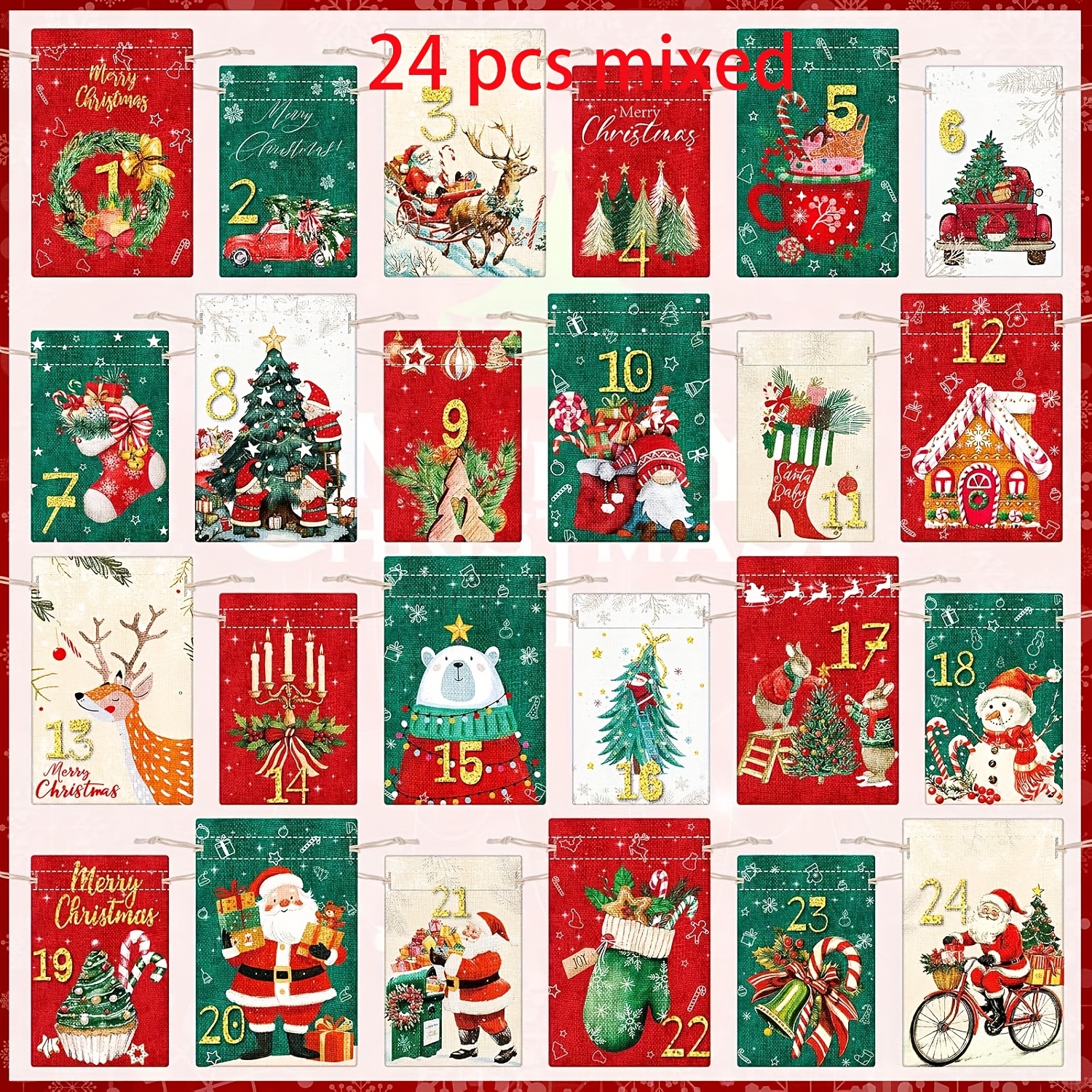 Image of Gift For Her/him Set Of Burlap Drawstring Bags For A Christmas Advent Calendar, Featuring Numbers For A Countdown, Complete With Rope And Clips For Festive Home Decor