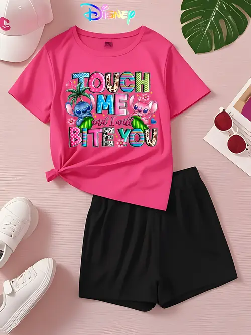 genuine animation print girl pink short sleeve black shorts suit suitable for summer machine washable polyester gift holiday product outdoor