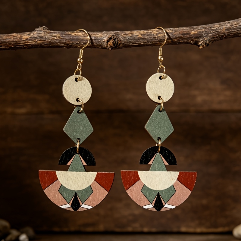 TEMU 1 Par de Pendientes Colgantes de Madera con Bloques de Color Geométricos , Pendientes de Colgante Multicapa de , Joyería Diaria Retro de Madera