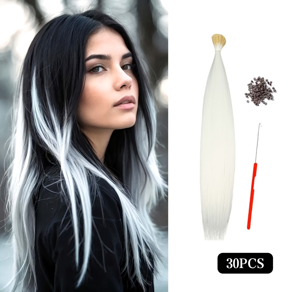 E-shop 30 Stück farbige Haarverlängerungen, 16 Zoll synthetische Haarverlängerungen, lange Länge, mit Perlen Häkelwerkzeugen, ein