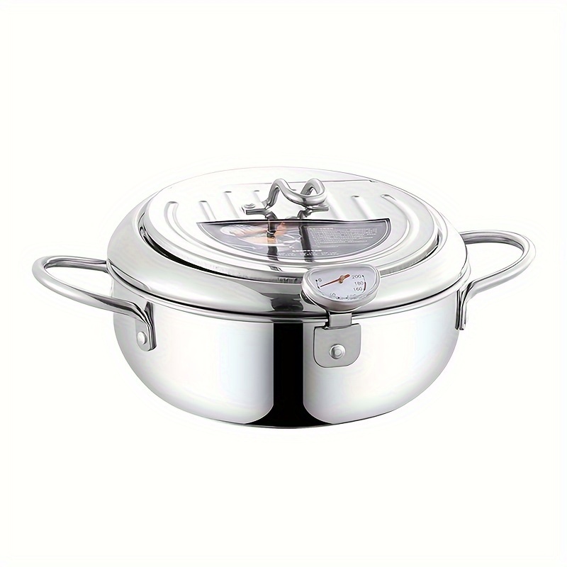 TEMU Stainless Steel Fryer Lid - 74.4oz, Detachable Thermometer & Oil Filter Rack, Induction Compatible, For Cooking