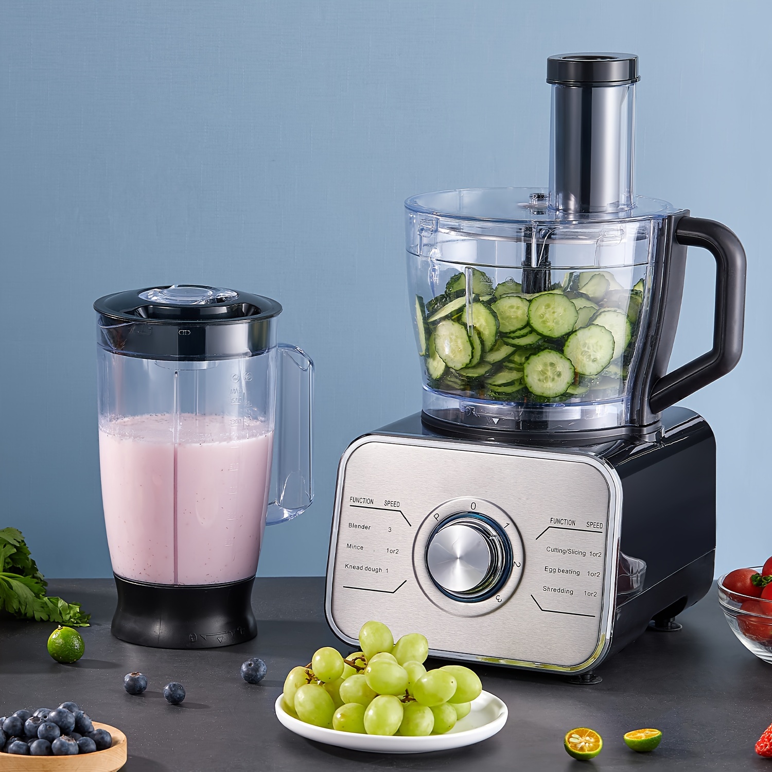 

Food Processor Multifunctional Food Processor - Chopper, Mixer, Grinder With Dough Blade, , Slicing Attachments, 3 Speed 600w Powerful Motor, 2l Bowl And 1.5l Blender Jug