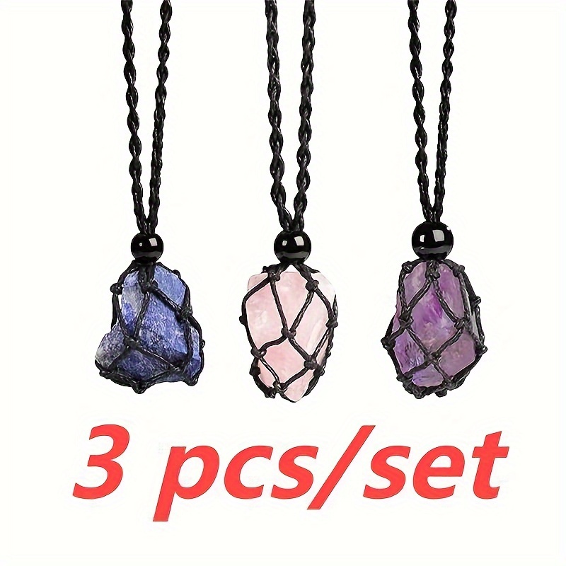 

3 Pcs/set Natural Gemstone Crystal Pendant Necklace Stone Holder Necklace Cord Hand-woven Necklace With Adjustable Length For Women Men