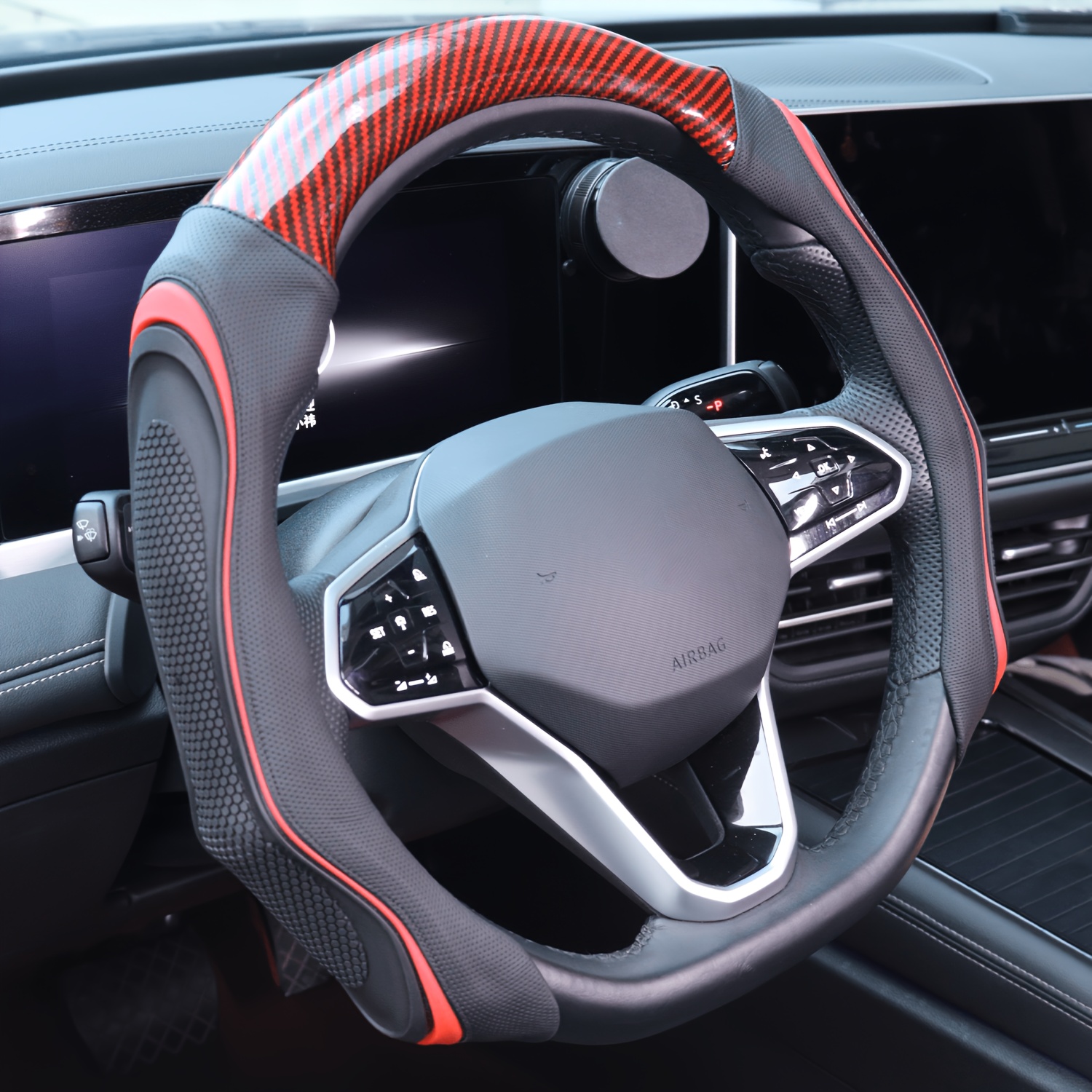 TEMU Car, Steering Wheel Cover, Card Type, Half Turn, New Carbon Fiber, Breathable, Hole Off-road Handle Cover