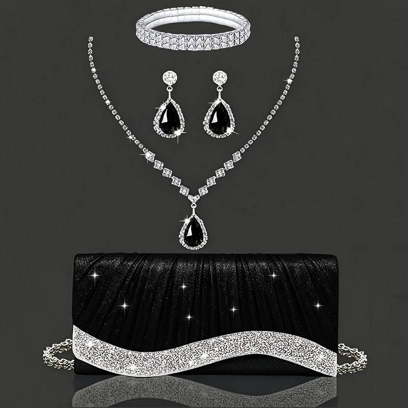 TEMU Ensemble de 4 pièces pour femme : pochette à paillettes strass et , sac à bandoulière à chaîne, sac de soirée, , collier à paillettes strass,