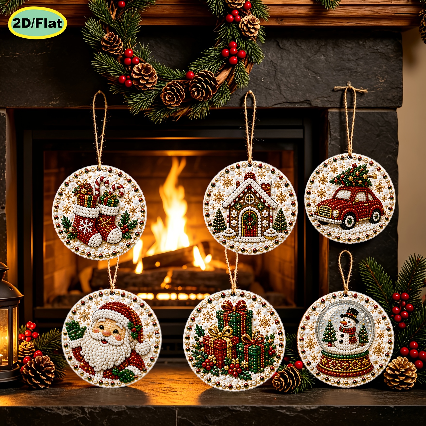 TEMU Diamond Painting Kit, 6pcs Set, Diy Pearl Diamond Painting Wooden Small Hanging Ornament, Christmas Themed Combination, 2d Flat Pre-printed Wood