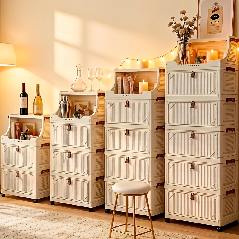 6/5/4/3-Tier Small Apartment Suitable for bar Cabinet, for bar Furniture Set Combination, Cream Foldable Rolling Storage Cabinet, Floor-Standing Stackable Organizer, Top Open Multi-Drawer Unit, Suitable for Bar, Coffee Corner, Kitchen, Living Room