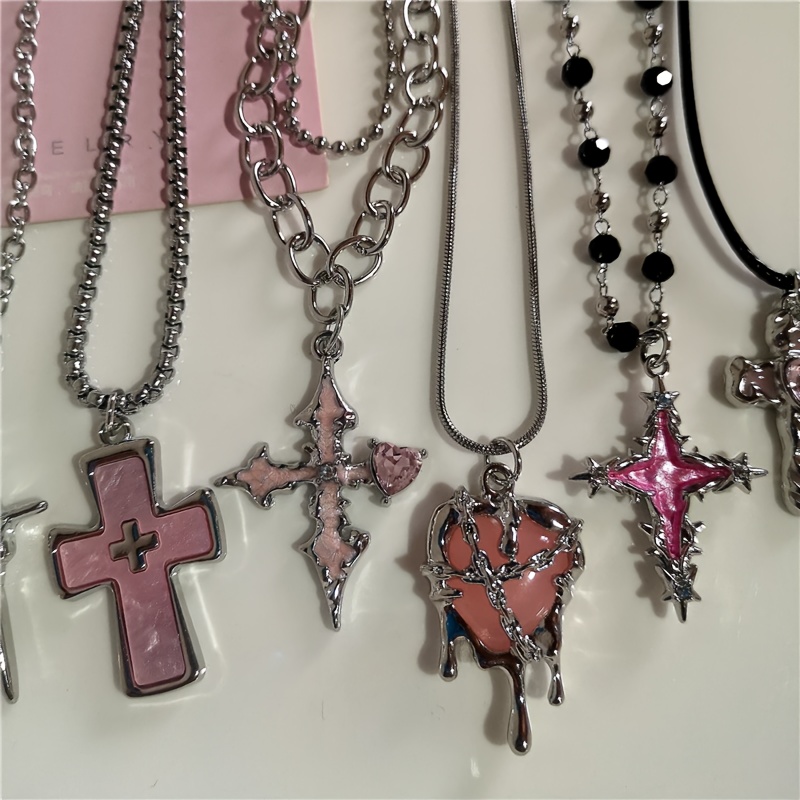 6pcs gothic y2k pink cross heart pendant necklace set girls - Temu 6pcs gothic y2k pink cross heart pendant necklace set girls - Temu