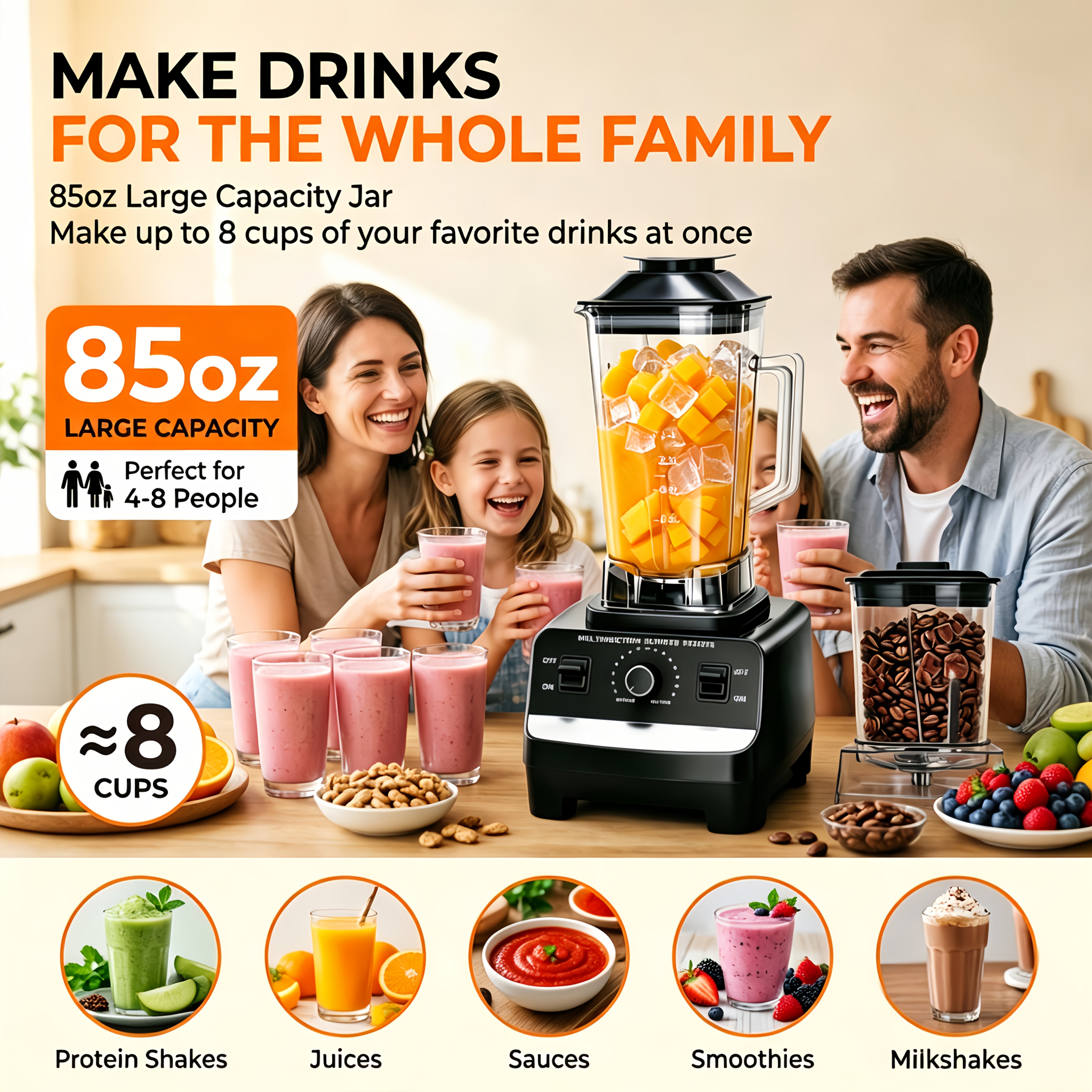 Temu – TEMU Professional Countertop Blender – 85oz, Powerful Motor, Smoothie Blender, Max. Blender And Grinder Combo, Powerful Blenders For Kitchen With 2